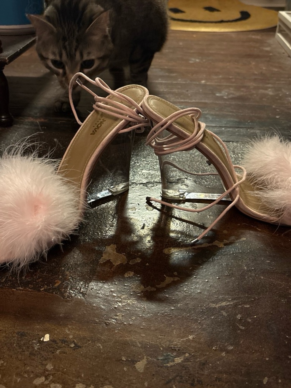 Pink Faux Fur Lace-Up High Heel Sandals